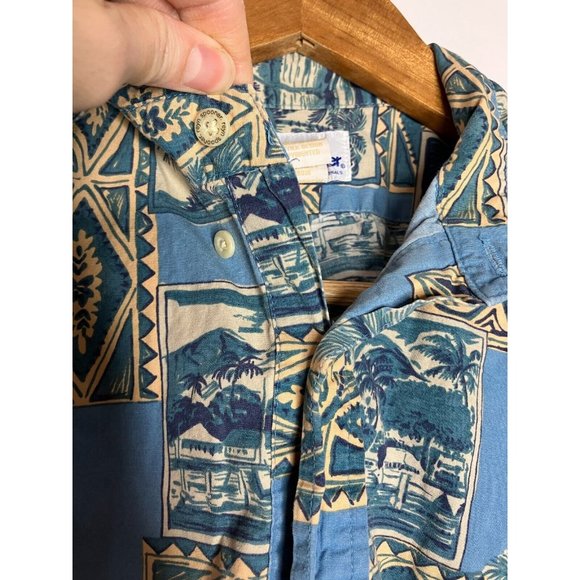 Vintage Reyn Spooner Men's Small Pullover 1/3 Button Blue Palm Trees Shirt FLAW - Picture 8 of 11